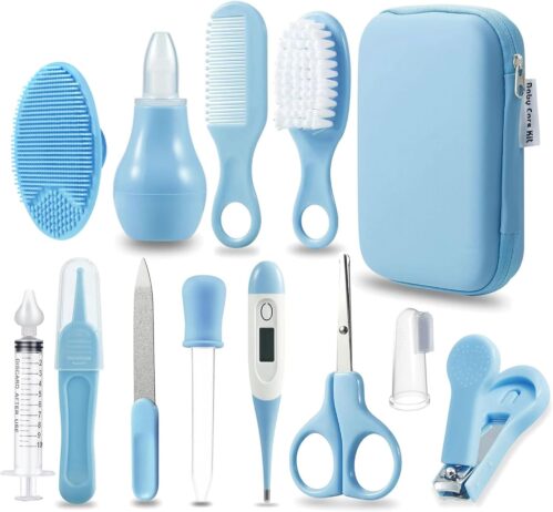 PandaEar Baby Healthcare & Grooming Kit – Baby Safety Set Comb, Brush, Finger Toothbrush, Nail Clippers, Scissors, Nasal Aspirator – Nursery Care Kit (Blue)