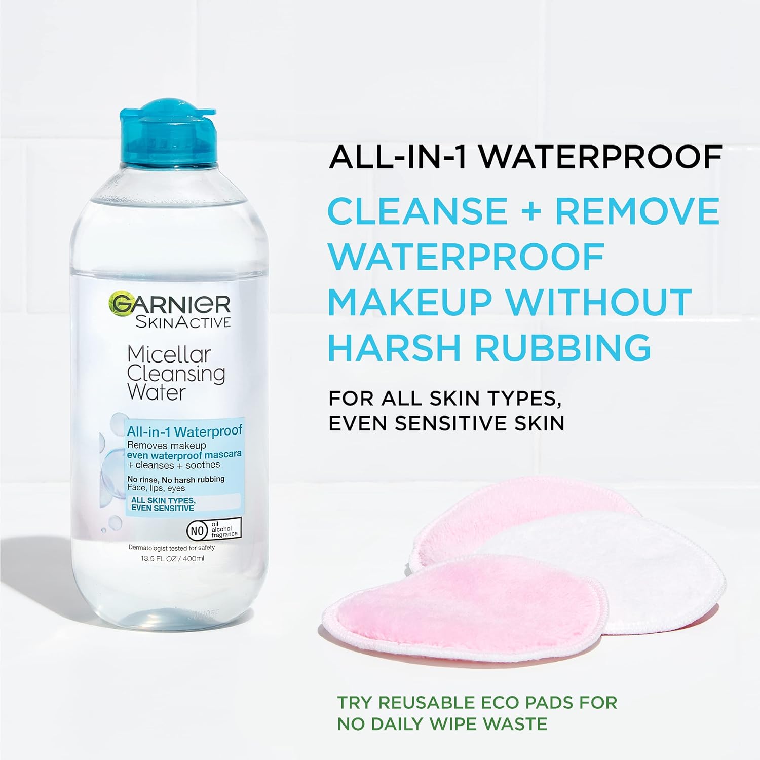 Garnier Micellar Water For Waterproof Makeup, Hydrating Facial Cleanser & Makeup Remover, Suitable for Sensitive Skin, Vegan, Cruelty Free, 13.5 Fl Oz (400mL), 1 Count - Image 4