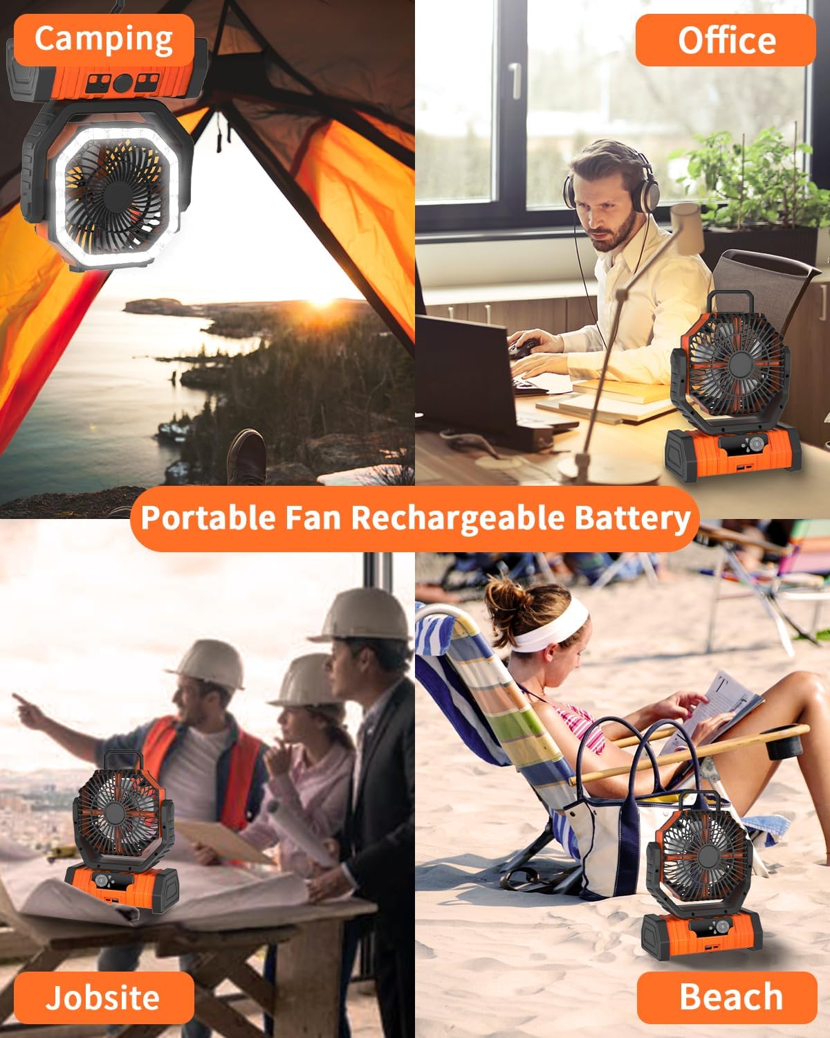 ADUST Camping Battery Operated Powered Fan with LED Lantern Light 20000mAh Rechargeable Portable Oscillating Fan with 360° Rotation Hanging Hook for Tents, Cordless USB Desk Fan(Orange) - Image 9
