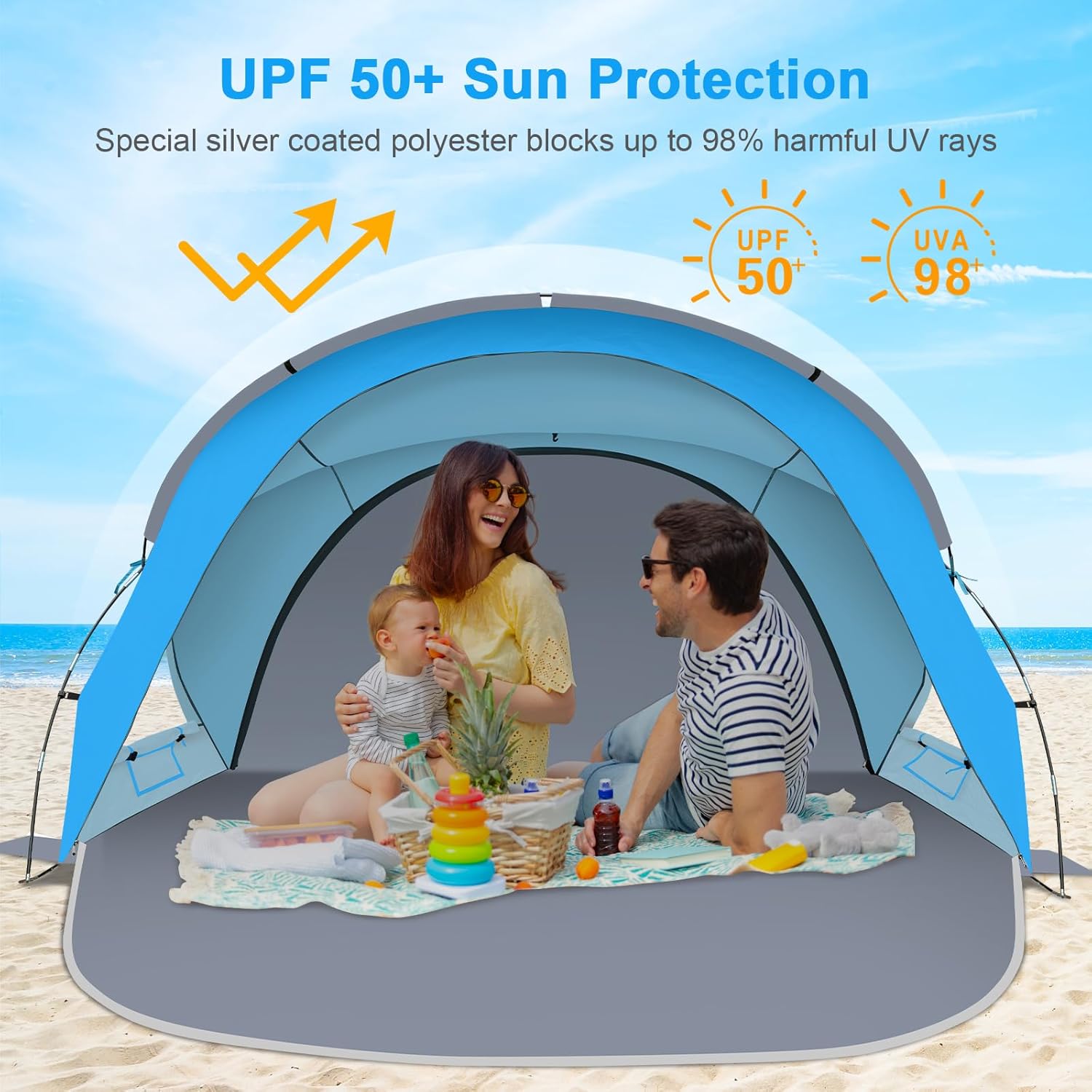 Gorich Beach Tent Sun Shelter with UPF50+ UV Protection for 3-6 Person, Lightweight & Portable Beach Shade Canopy with 2 Zippered Doors, Easy Setup Family Beach Umbrella - Image 5