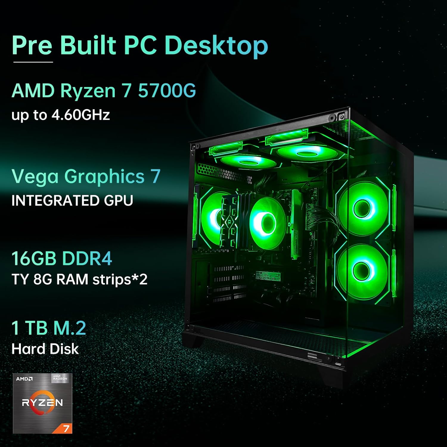 PC Computer Desktop AMD Ryzen 7 5700G Up to 4.6GHz Prebuilt PC 16G RAM DDR4 1TB M.2 SSD ARGB Fan Gaming Computer Tower - Image 3
