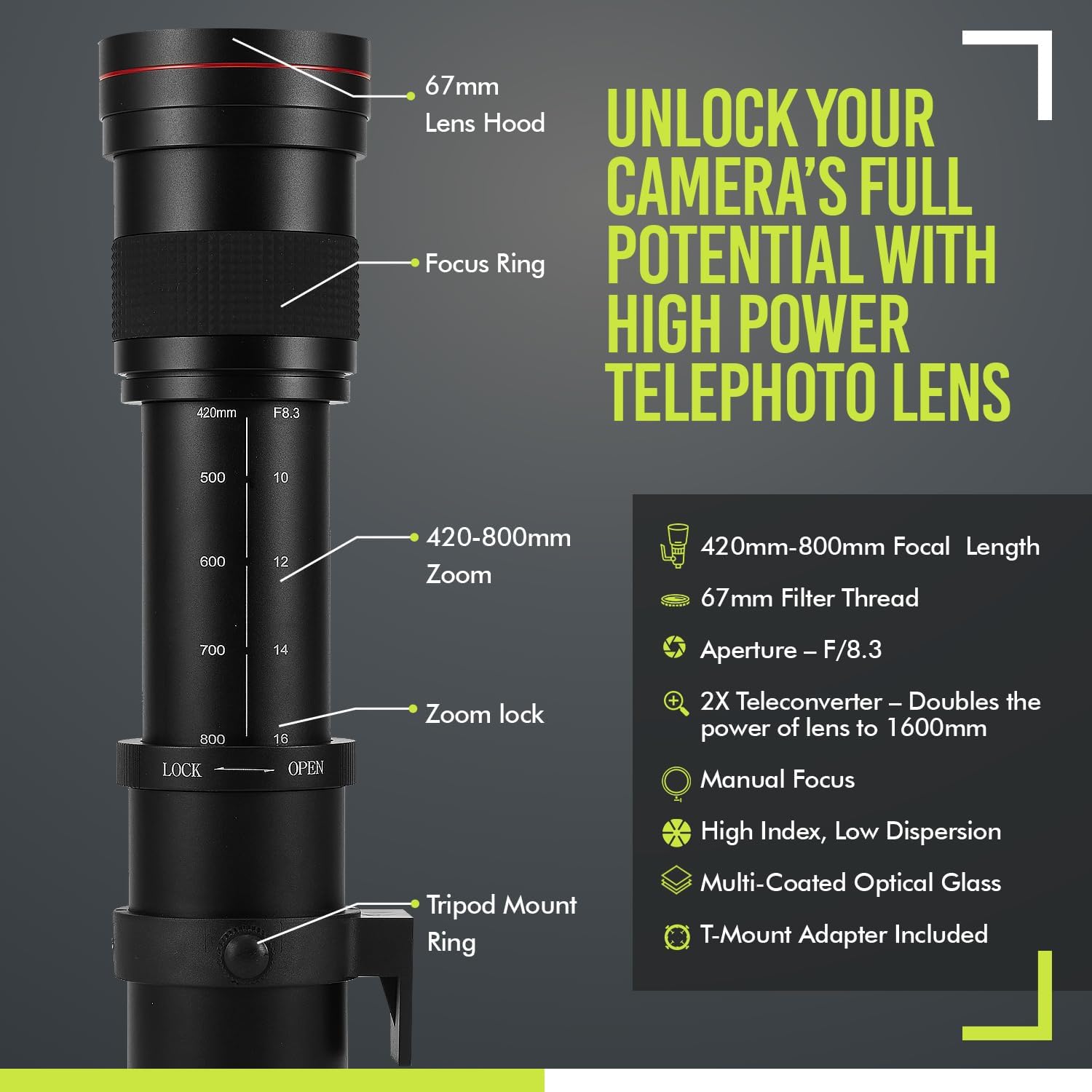 High-Power 420-1600mm f/8.3 HD Manual Telephoto Zoom Lens for Canon T1i T2i T3 T3i T4 T4i T5 T5i T6 T6i T6s T7 T7i T7s T8i EOS 1D 5D 6D 7D 30D 40D 50D 60D 70D 80D 90D XS XSI SL3 SL2 SL1 - Image 3