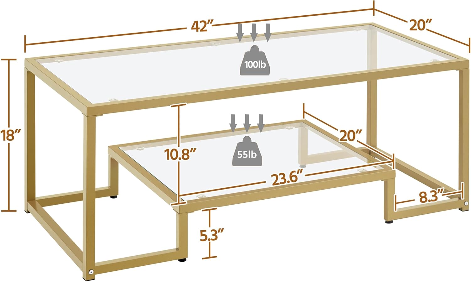 Yaheetech Gold Coffee Table, 42" Rectangular Glass Coffee Table for Living Room, 2-Tier Center Tea Tables with Metal Frame for Small Space, Apartment, Office - Image 4