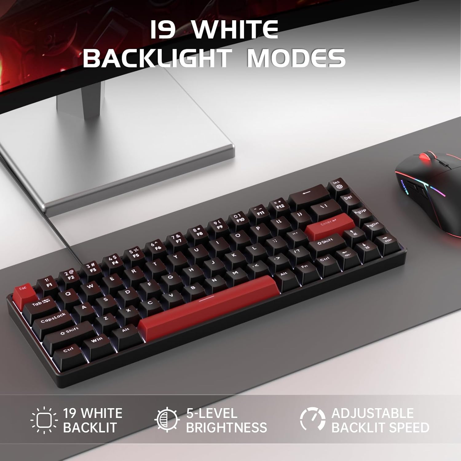 FFJ Portable 60% Mechanical Gaming Keyboard, Anti-ghostin, White LED Backlight, Compact 68 Keys Mini Wired Keyboard with Linear Red Switch for Windows Laptop PC Mac Gamer - Black - Image 6