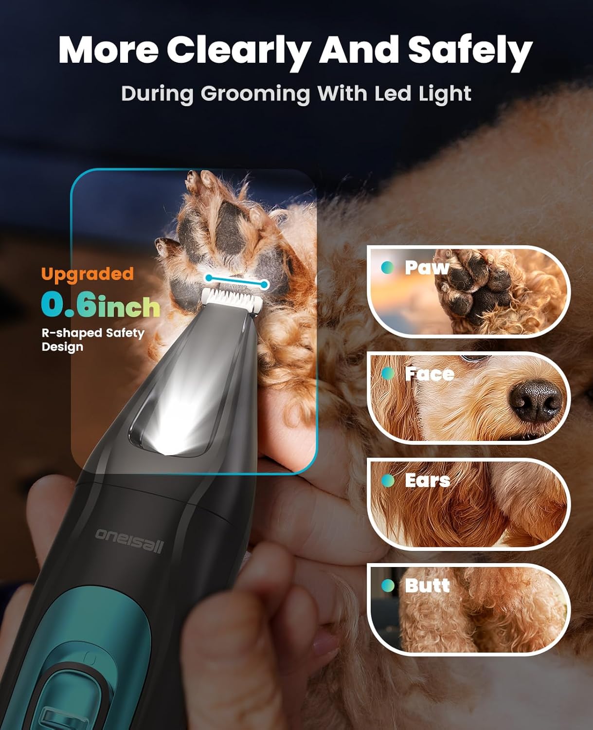 oneisall Silent Dog Clippers for Grooming, LED Light Dog Paw Trimmer Dog Nail Grinder, Rechargeable 2000mAh Dog Grooming Clippers Cordless Dog Hair Trimmer Electric Dog Trimmer for Small Dog Large Dog - Image 6