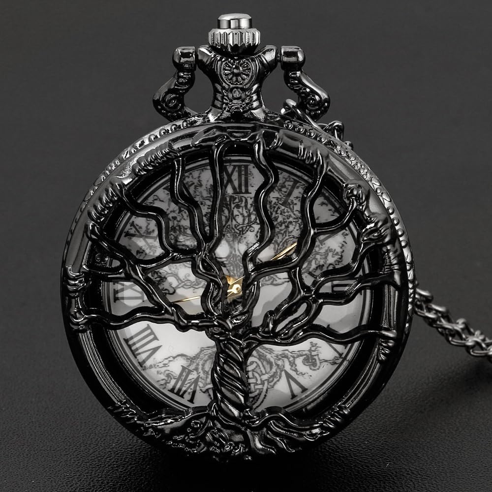 Pocket Watch Hollow Tree of Life Design Roman Numerals Customizable Quartz Pocket Watch with Chain Birthday Gifts - Image 3