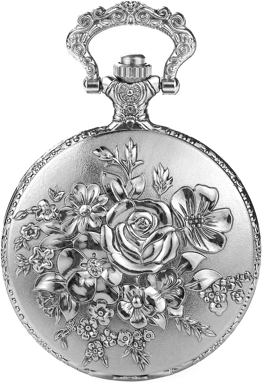 BOSHIYA Retro Flower Openwork Cover Quartz Pocket Watch with Chain Half Hunter Pocket Watches for Women with Box, for Mother's Day - Image 2