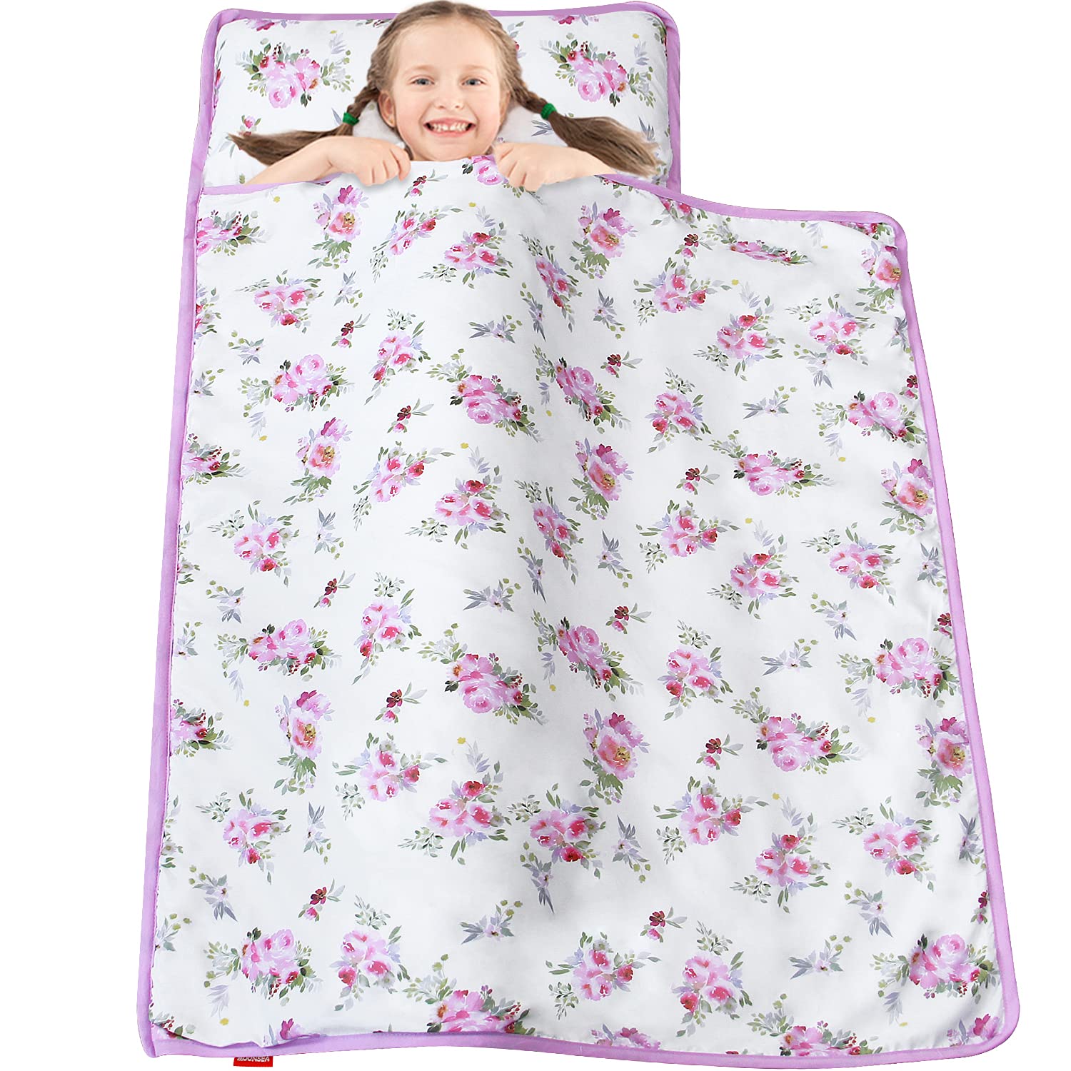Toddler Nap Mat for Girls Floral, Kids Sleeping Mat with Pillow and Fleece Blanket, Lightweight Perfect for Kids Preschool, Daycare, Travel Sleeping Bag, Fit Standard Cot - Image 5