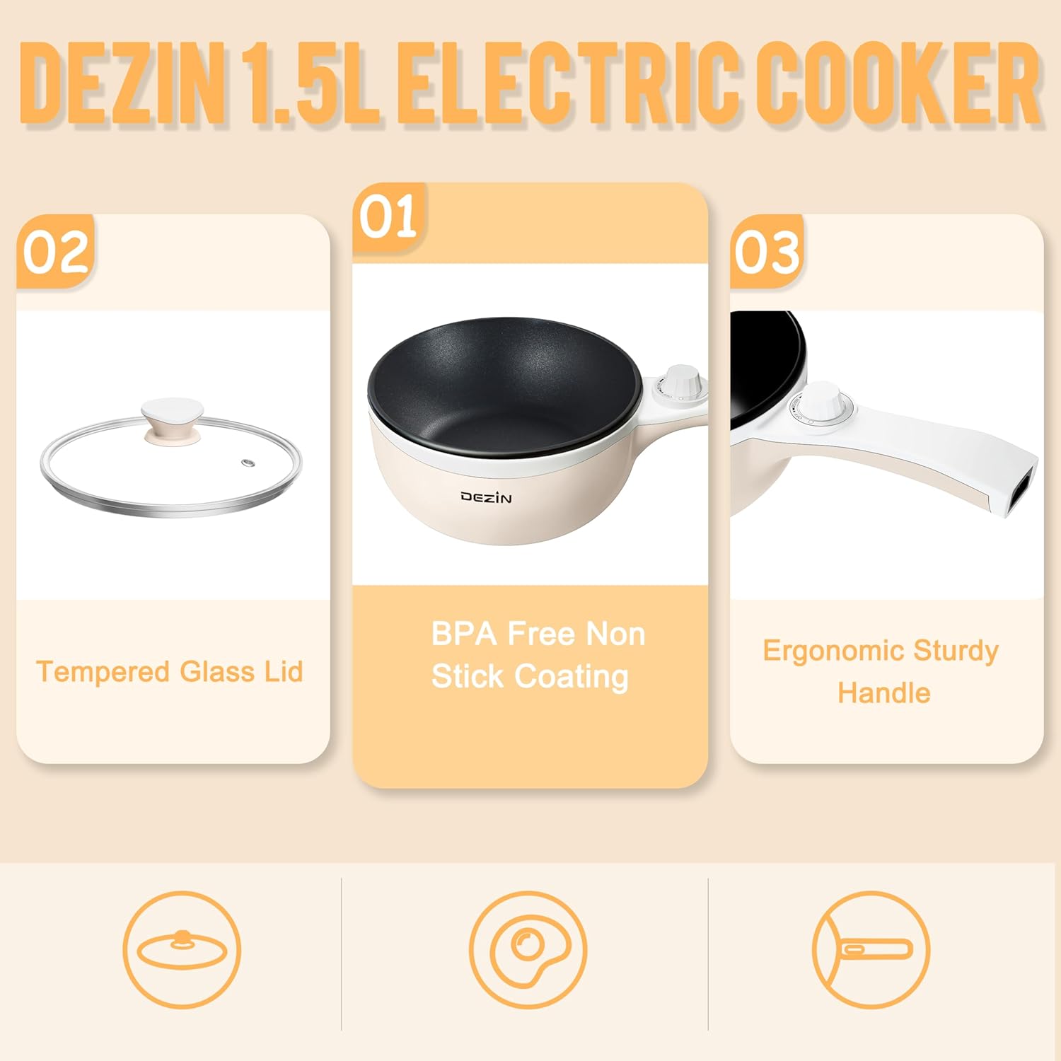 Dezin Hot Pot Electric Upgraded, Non-Stick Sauté Pan, Rapid Noodles Electric Pot, 1.5L Mini Portable Hot Pot for Steak, Egg, Fried Rice, Ramen, Oatmeal, Soup with Power Adjustment - Image 8