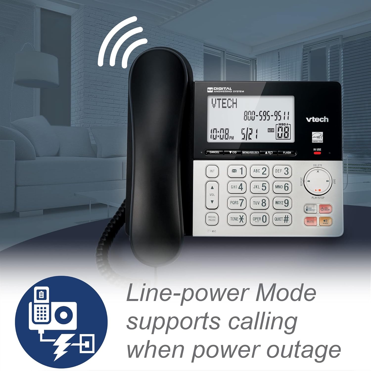 VTech VG208 DECT 6.0 Corded/Cordless Phone for Home with Answering Machine, Call Blocking, Caller ID, Large Backlit Display, Duplex Speakerphone, Intercom, Line-Power(Silver/Black) - Image 9