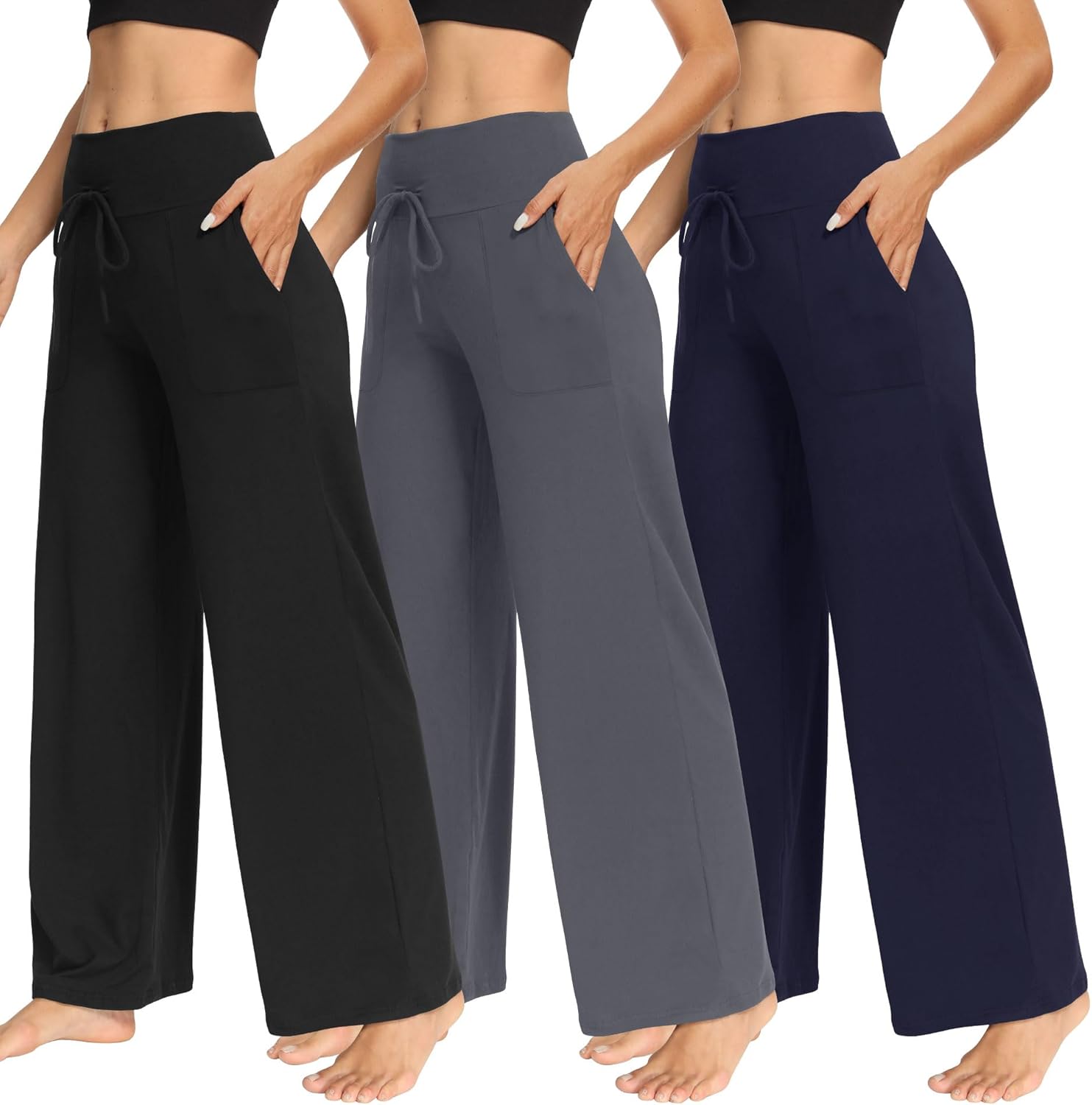 TNNZEET 3 Pack Women's Wide Leg Pants with Pockets - Casual Loose Yoga Trouser Pants Sweatpants Palazzo Lounge Pajama Pants - Image 2