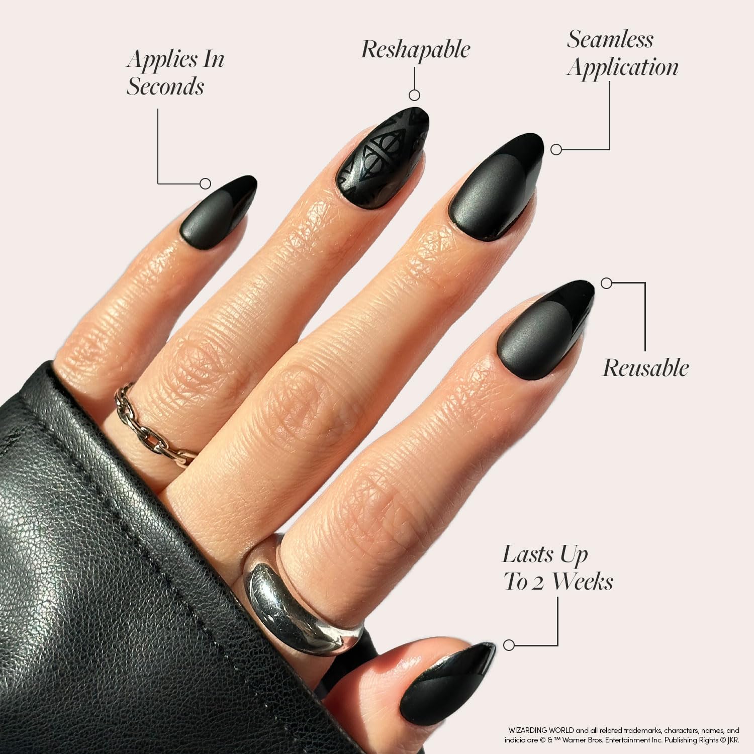 Harry Potter™ x Glamnetic Press On Nails - Deathly Hallows™ | Black Harry Potter™ Graphic Short Almond False Nails, Reusable Stick On Fake Nails with Glue | Salon Quality | 15 Sizes - 30 Nail Kit - Image 4