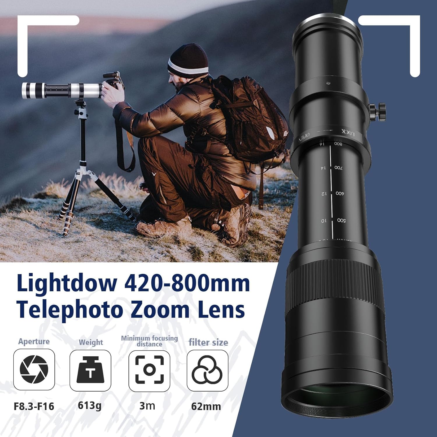 Lightdow EF 420-800mm F8.3 Telephoto Zoom Lens - Manual Focus DSLR Cameras Lens for Canon EOS Rebel T Series T8i/T7i/T7/T6/T3i/T2i/4000D/850D/SL3/SL2/6D Mark II/5D Mark IV/90D/80D/77D(Black) - Image 5