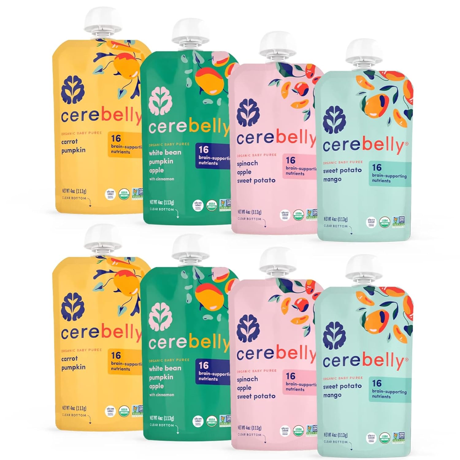 Cerebelly Baby Food Pouches Variety Pack – Organic Veggie Purees for Toddlers | No Added Sugar, Fiber, Non-GMO | Blended Toddler Pouches | 4 Ounce BPA-Free Pouch | 4 Flavors | 8 Count - Image 2