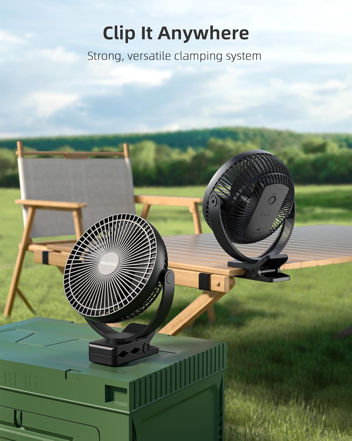 Koonie 10000mAh Clip on Fan Rechargeable, 8-Inch Battery Operated Desk Fan, USB Fan, 4 Speeds, Strong Airflow, Sturdy Clamp for Golf Cart Office Desk Outdoor Travel Camping Tent Gym Treadmill,Black - Image 7
