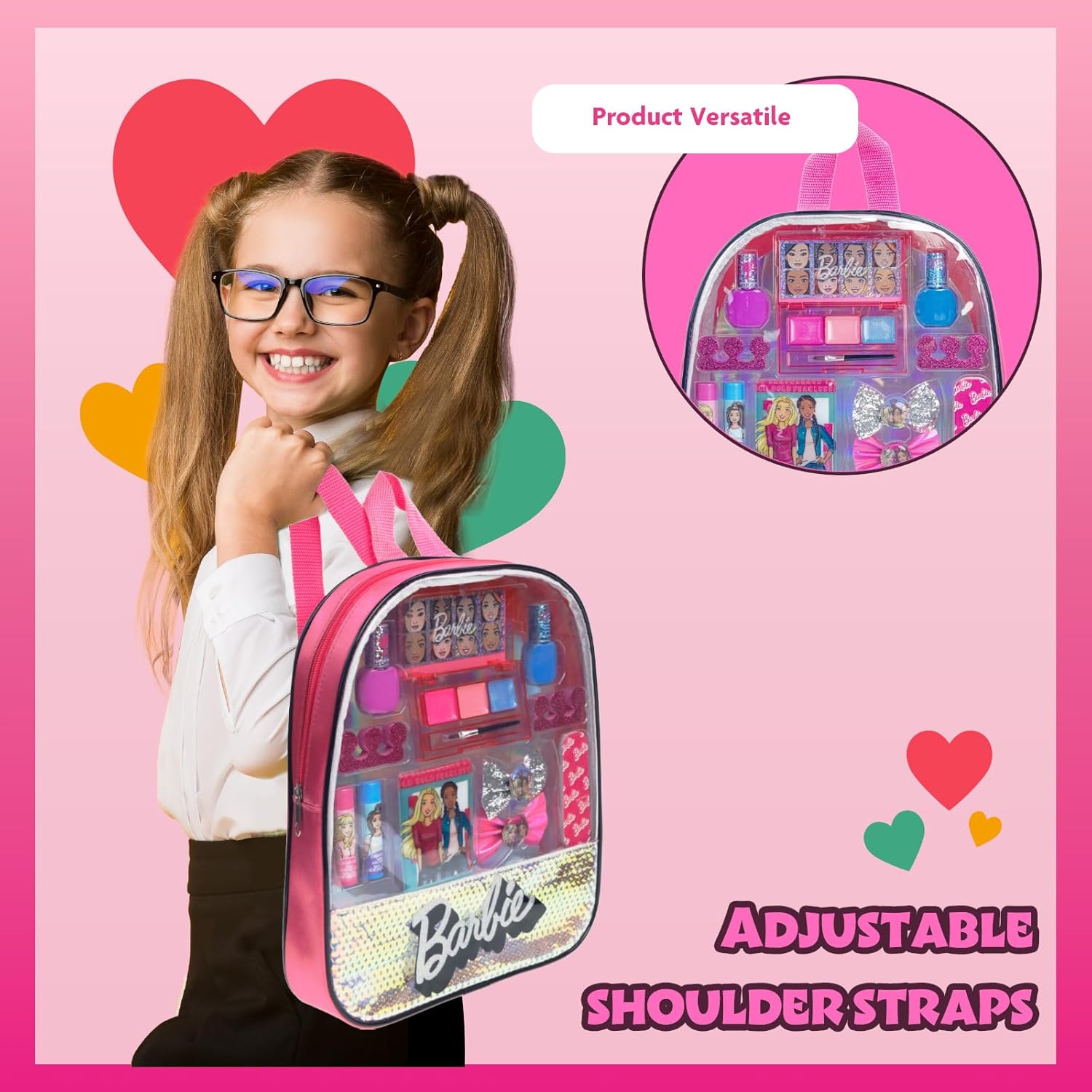 Barbie - Townley Girl 15 Pcs Makeup Filled Backpack Cosmetic Gift Set with Mirror Includes Lip Gloss, Nail Polish, Hair Bow & More! for Kids Girls, Ages 3+ Perfect for Parties, Sleepovers & Makeovers - Image 5