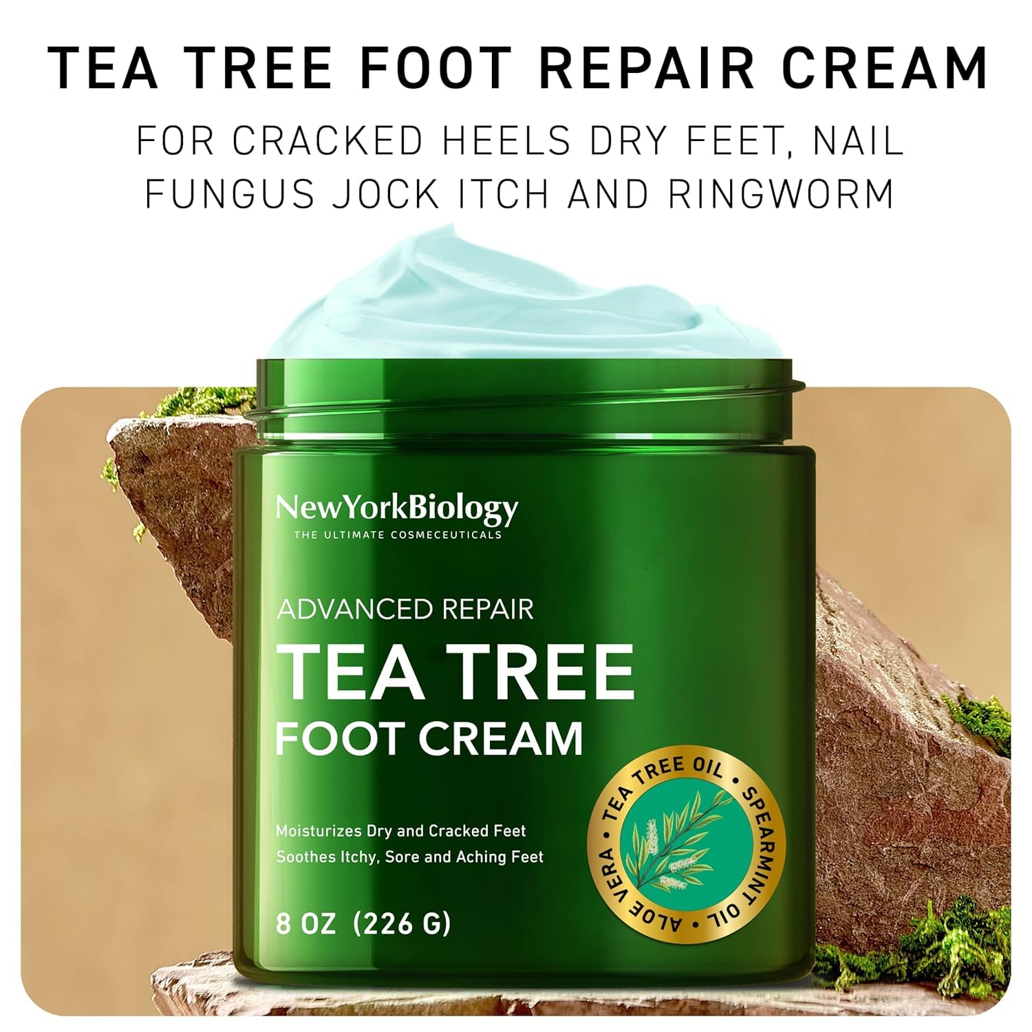 New York Biology Tea Tree Oil Foot Cream for Dry Cracked Feet, Athletes Foot, Nail Fungus, Jock Itch, Ringworm, Cracked Heels and Itchy Skin - Foot Cream - 8 oz - Pack of 2 - Image 5