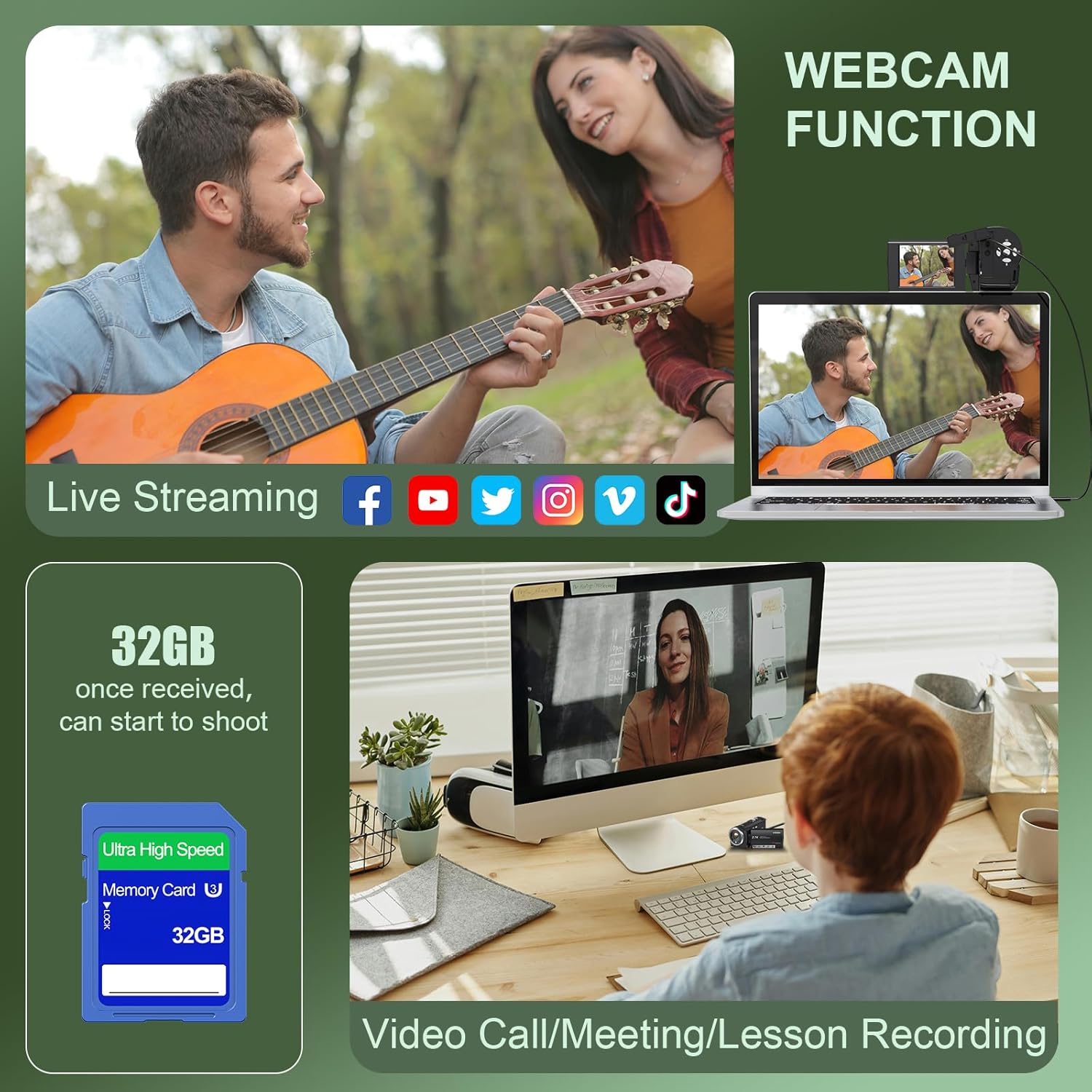 2.7K Video Camera Camcorder QHD 50MP YouTube Vlogging Camera 16X Digital Zoom Webcam 270 Degree Rotation Screen Camcorders with 32G SD Card and 2 Batteries Recording While Charging - Image 6
