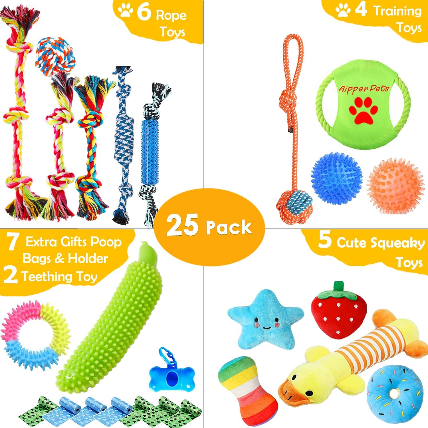 Dog Toys 25 Pack,Puppy Chew Toys for Fun and Teeth Cleaning,Squeak Plush Toys, Squeaky Toy Balls, Tug of War Toys, Puppy Teething Toys, Dog Rope Toys Pack for Puppy to Small Dogs - Image 3
