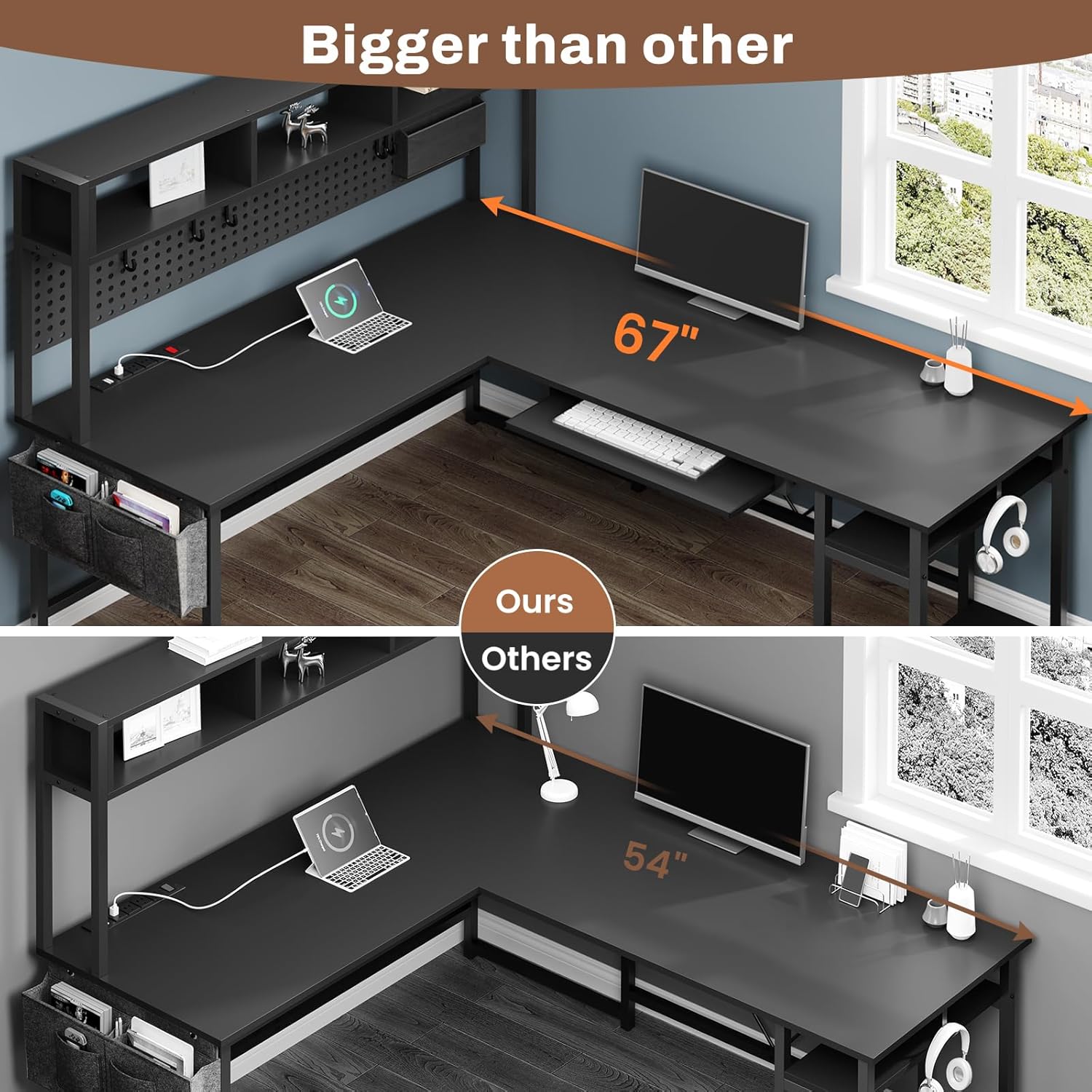 SEDETA L Shaped Gaming Desk, Reversible Computer Desk with Power Outlet and Pegboard, Gaming Desk with Led Lights, Keyboard Tray and Storage Bag for Home Office, Black - Image 9