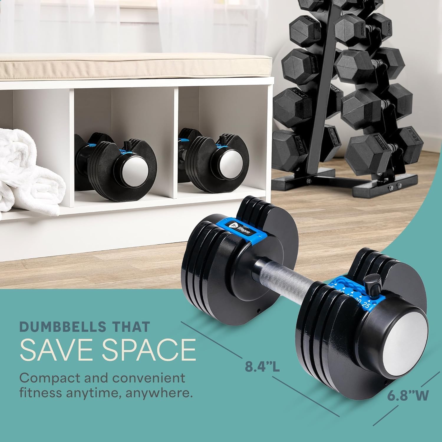 Lifepro Adjustable Dumbbells Set/Single - 15lb 43lb 55lb 25 lb Dumbbell Sets with Rack - Quick Adjust, Secure Grip weights dumbbells set - Compact Hand Weights for Women/Men at Home Gym - Image 5