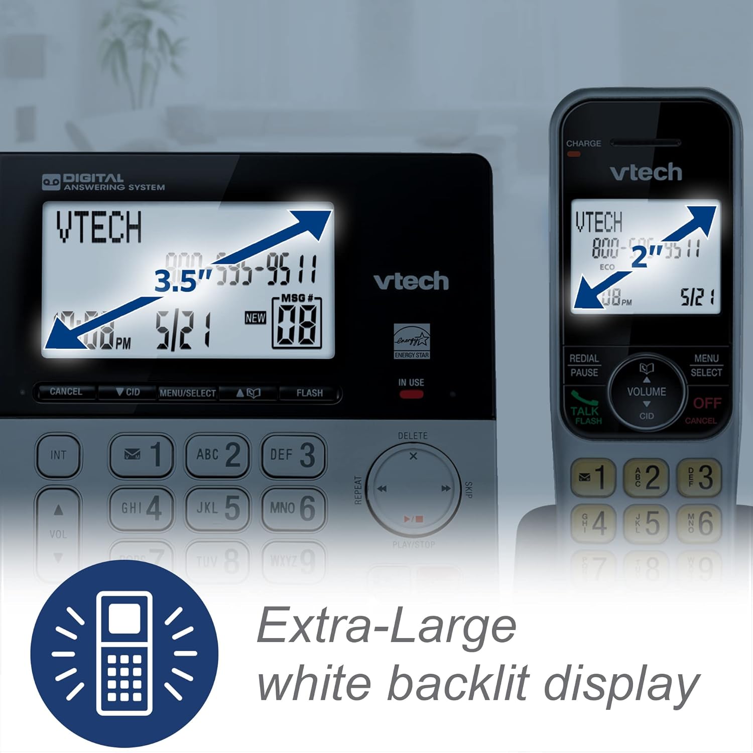 VTech VG208 DECT 6.0 Corded/Cordless Phone for Home with Answering Machine, Call Blocking, Caller ID, Large Backlit Display, Duplex Speakerphone, Intercom, Line-Power(Silver/Black) - Image 6