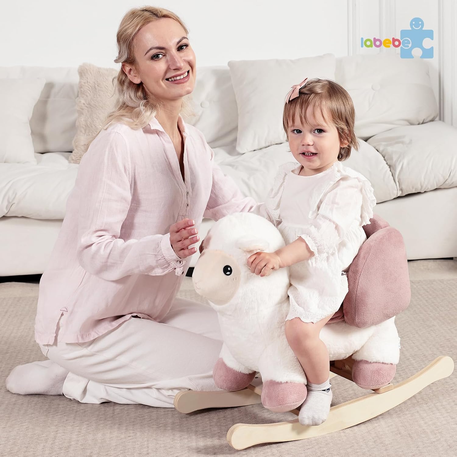 labebe - Baby Sheep Rocking Horse, Kids Plush Stuffed Rocking Animals, Ovis Aries Rocker with Seatbelt for 6 Months Babies, White Romney Rocking Horse for Toddler 1-3 Age Girl - Image 7