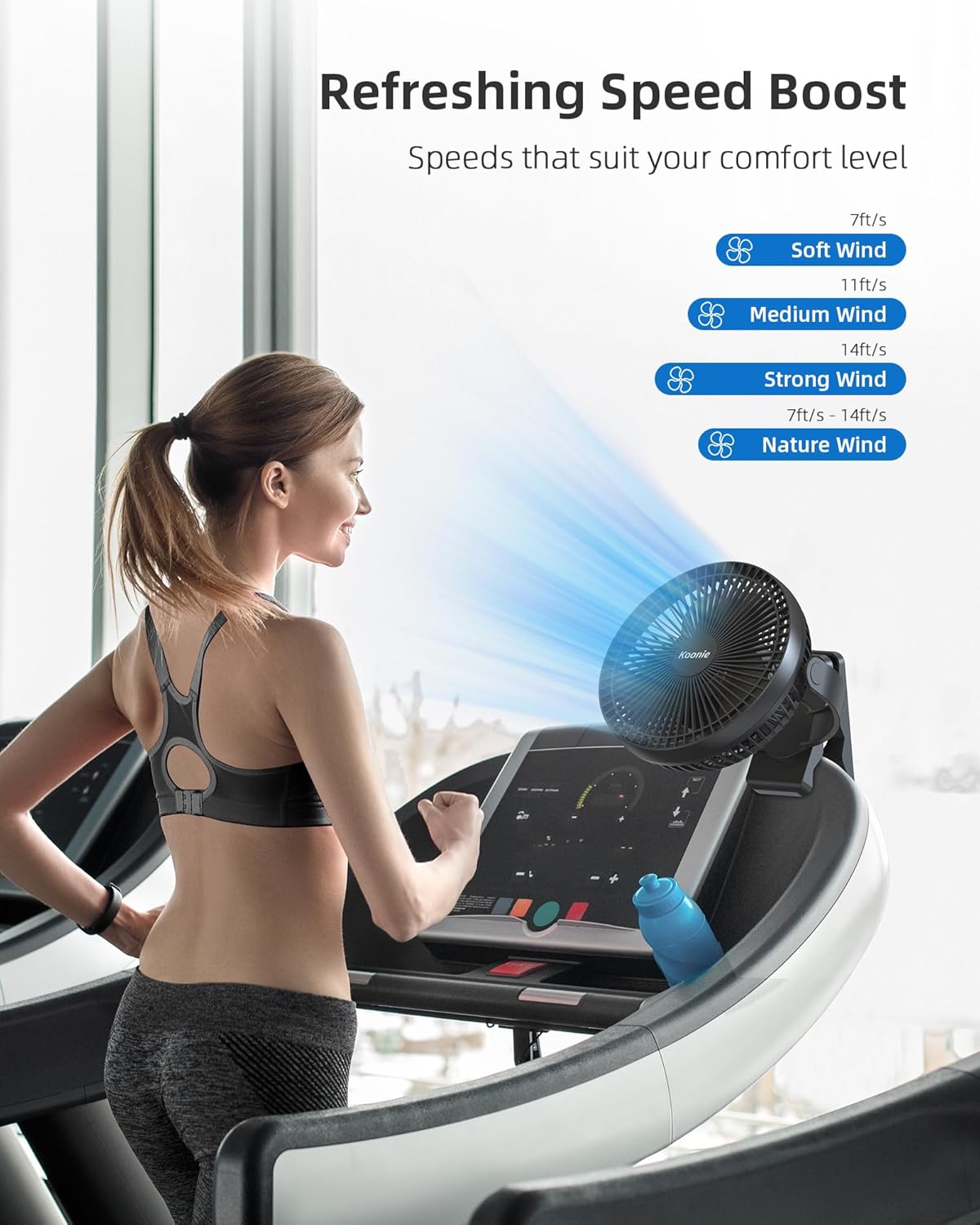 Koonie 10000mAh Clip on Fan Rechargeable, 8-Inch Battery Operated Desk Fan, USB Fan, 4 Speeds, Strong Airflow, Sturdy Clamp for Golf Cart Office Desk Outdoor Travel Camping Tent Gym Treadmill,Black - Image 6