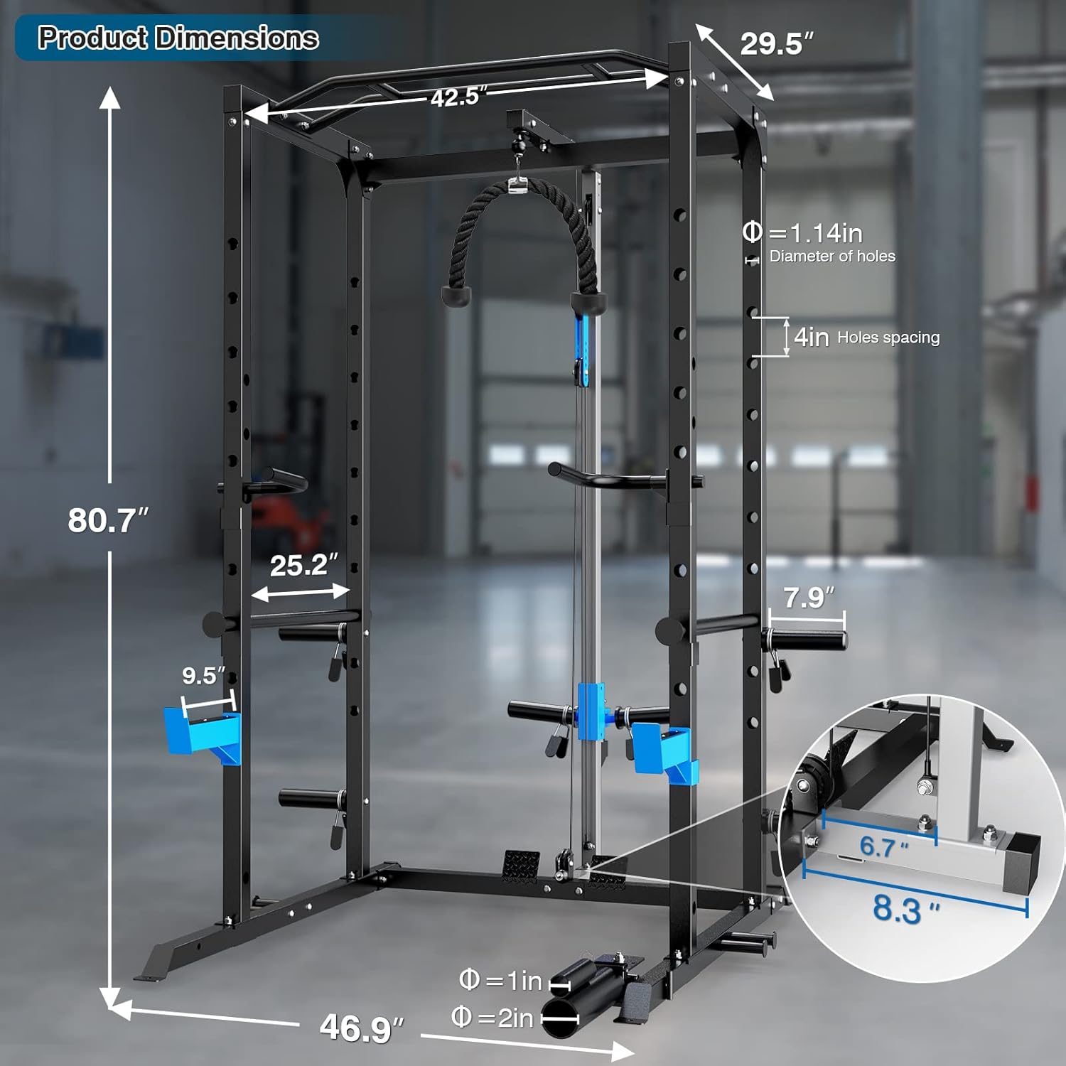 Power Cage, Multi-Functional Power Rack with J-Hooks, Dip Handles, Landmine Attachment and Optional Cable Pulley System for Home Gym - Image 8