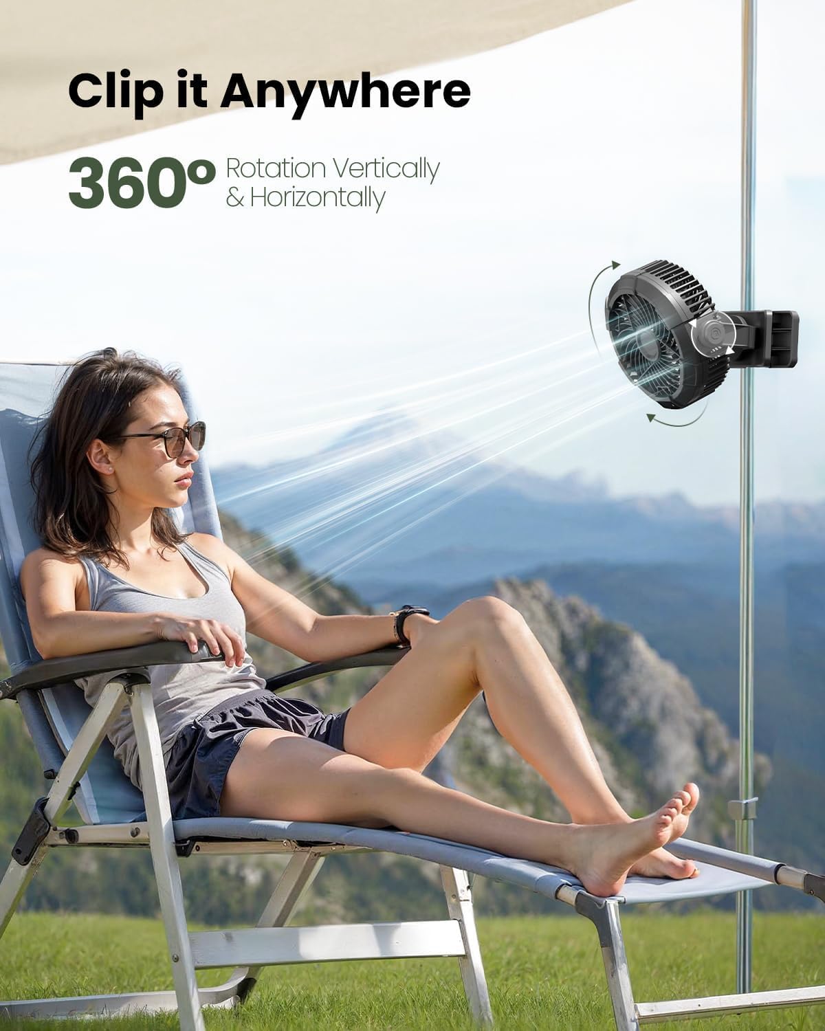 Gaiatop Portable Camping Fan with LED Lantern, 360°Rotation and Clip on for Desk, 4000mAh USB Rechargeable Battery Powered, Digital Display and Hanging Hook for Tent Outdoor Travel Bedroom Black - Image 4