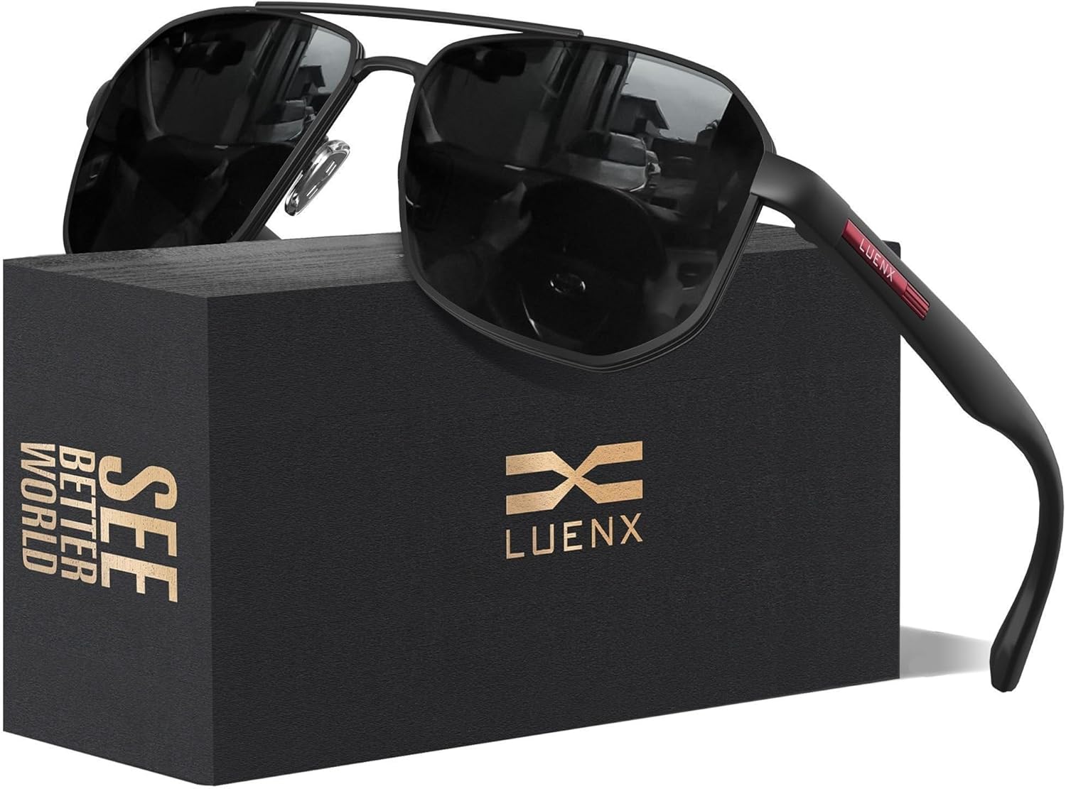 LUENX Aviator Sunglasses for Men Square Polarized Polygon Lens - UV 400 Protection with Accessories 61MM Driving Outdoor - Image 2