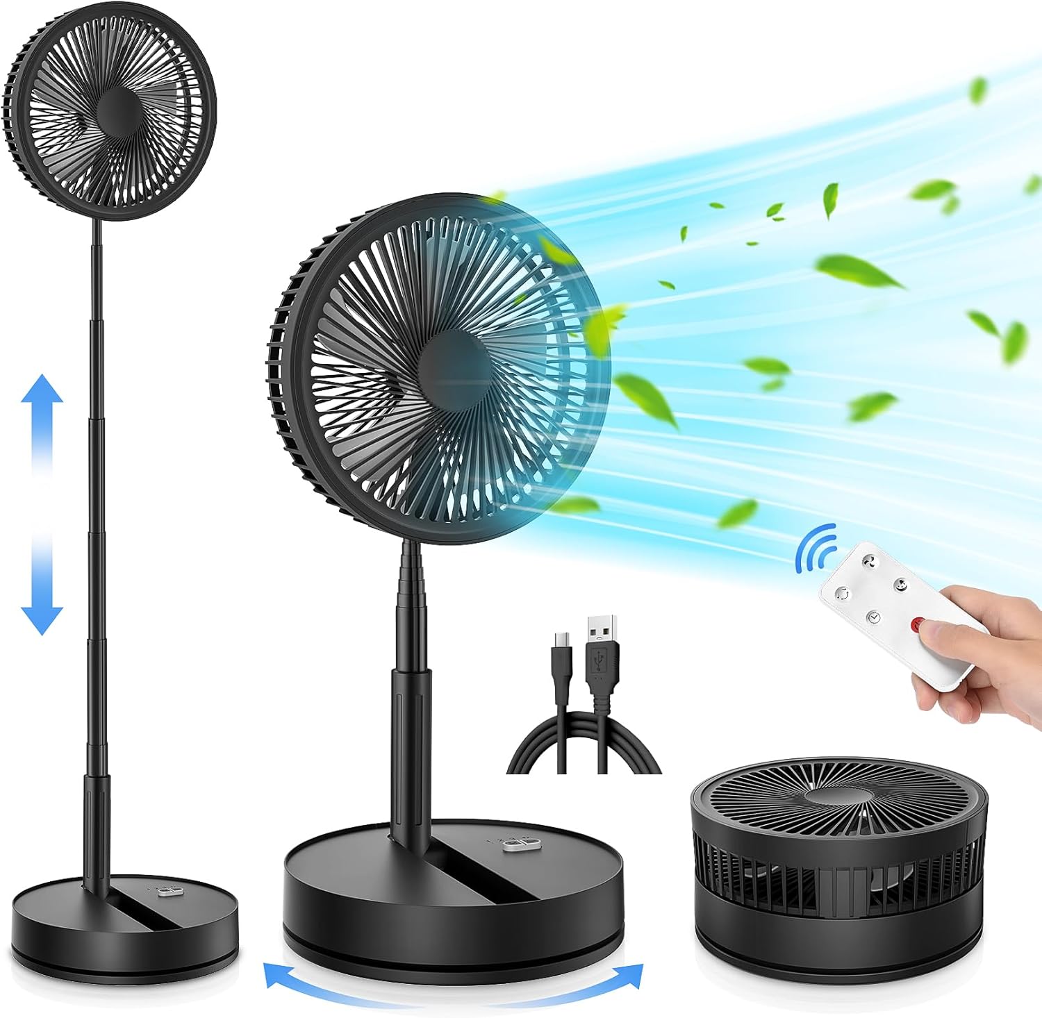 LIPETY Portable Foldable Rechargeable Oscillating Fan - 9" 7200mah Battery Operated USB C Small Fan Remote, Quiet Table Desk Fan Folding Standing Pedestal Fans for Bedroom Rome Office Camping Travel - Image 2