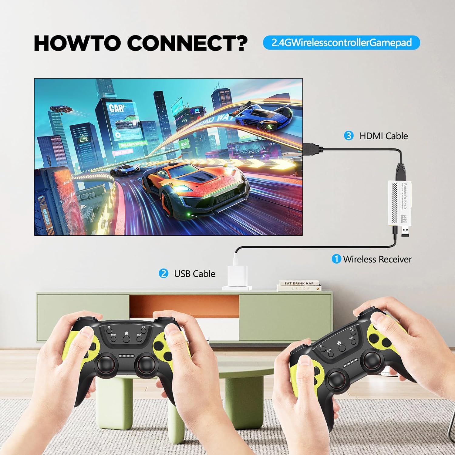 30000+ Wireless Retro Gaming Stick, Retro Gaming Console,Revisit Classic Retro Play Plug and Play Video Gaming Stick,HD HDMI TV Game Stick,Premium Competitive Dual Controllers Yellow+White - Image 4