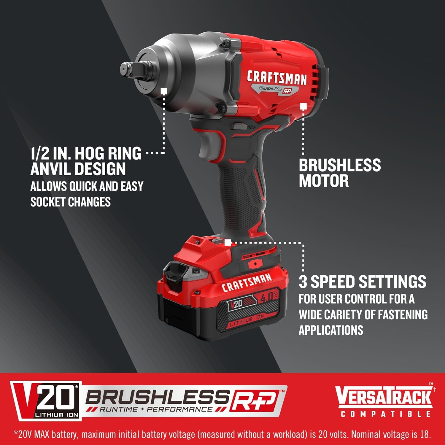 CRAFTSMAN V20 RP Impact Wrench, Cordless, Brushless, High Torque, 1/2 Inch, 4Ah Battery and Charger Included (CMCF940M1) - Image 3