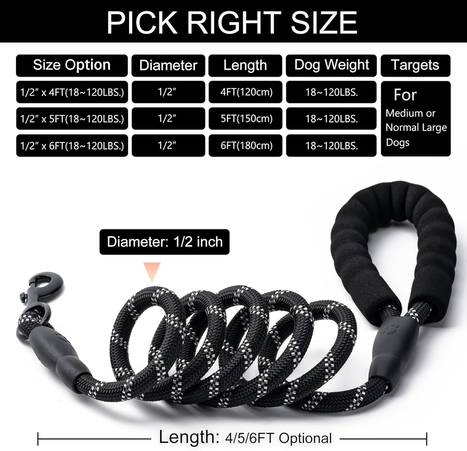2 Pack Dog Leash, 4/5//6 FT Heavy Duty Nylon Rope Pet Leashes with Comfortable Padded Handle, Reflective Dog Leashes for Small Medium and Large Dogs (5FT-1/2,Black/Black) - Image 6