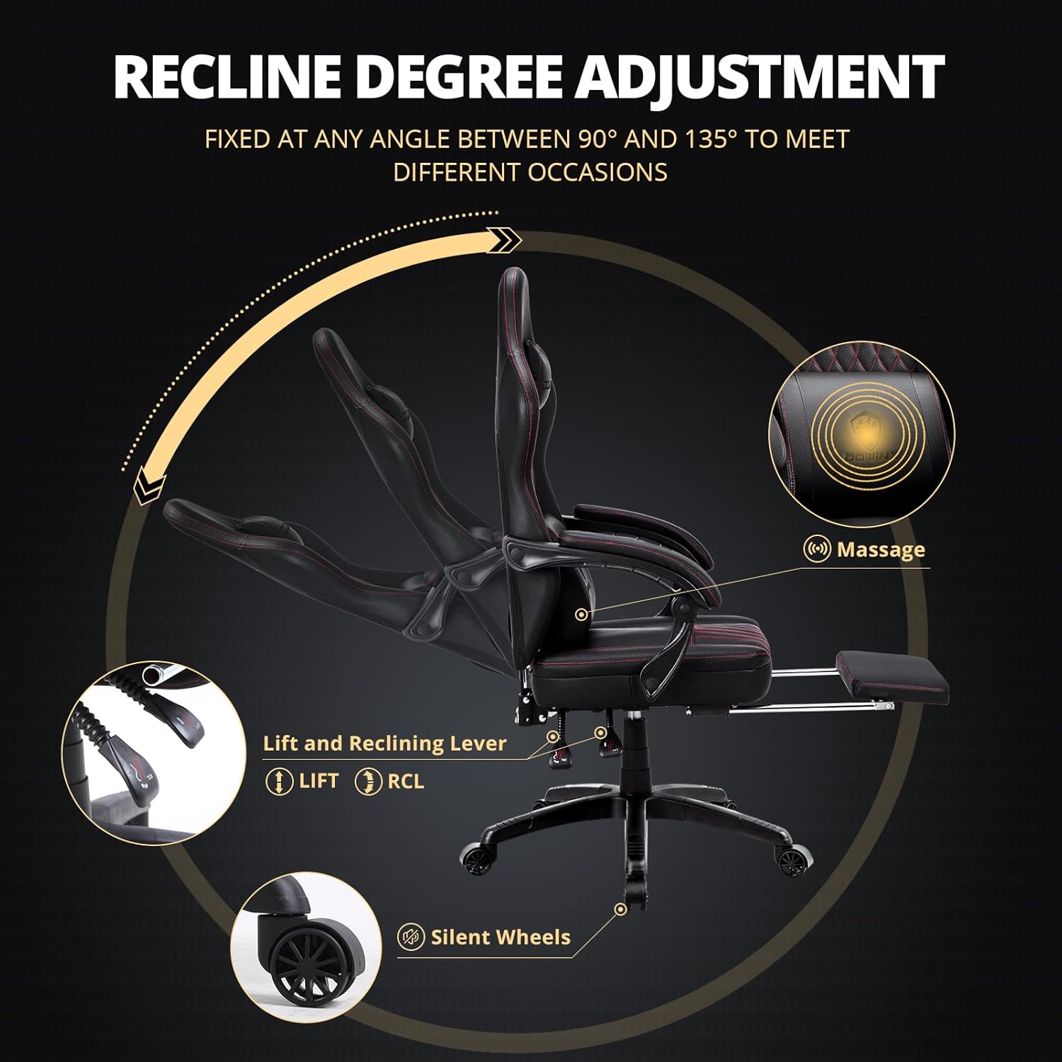 Dowinx Gaming Chair Breathable PU Leather Gamer Chair with Pocket Spring Cushion, Ergonomic Computer Chair with Massage Lumbar Support,Adjustable Swivel Task Chair with Footrest(Black) - Image 7