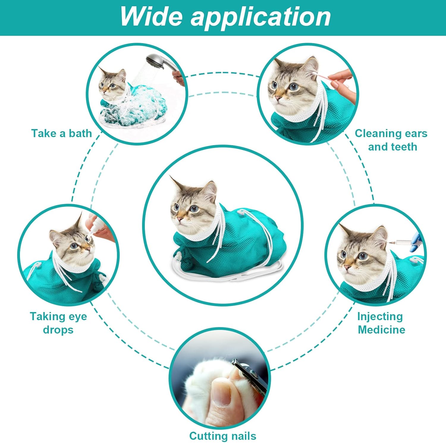 Cat Bathing Bag, Breathable Mesh Cat Shower Bag Anti Scratch Adjustable Cat Grooming Bag for Nail Trimming, Bathing Polyester Soft Cat Washing Bag (White-Green) - Image 5