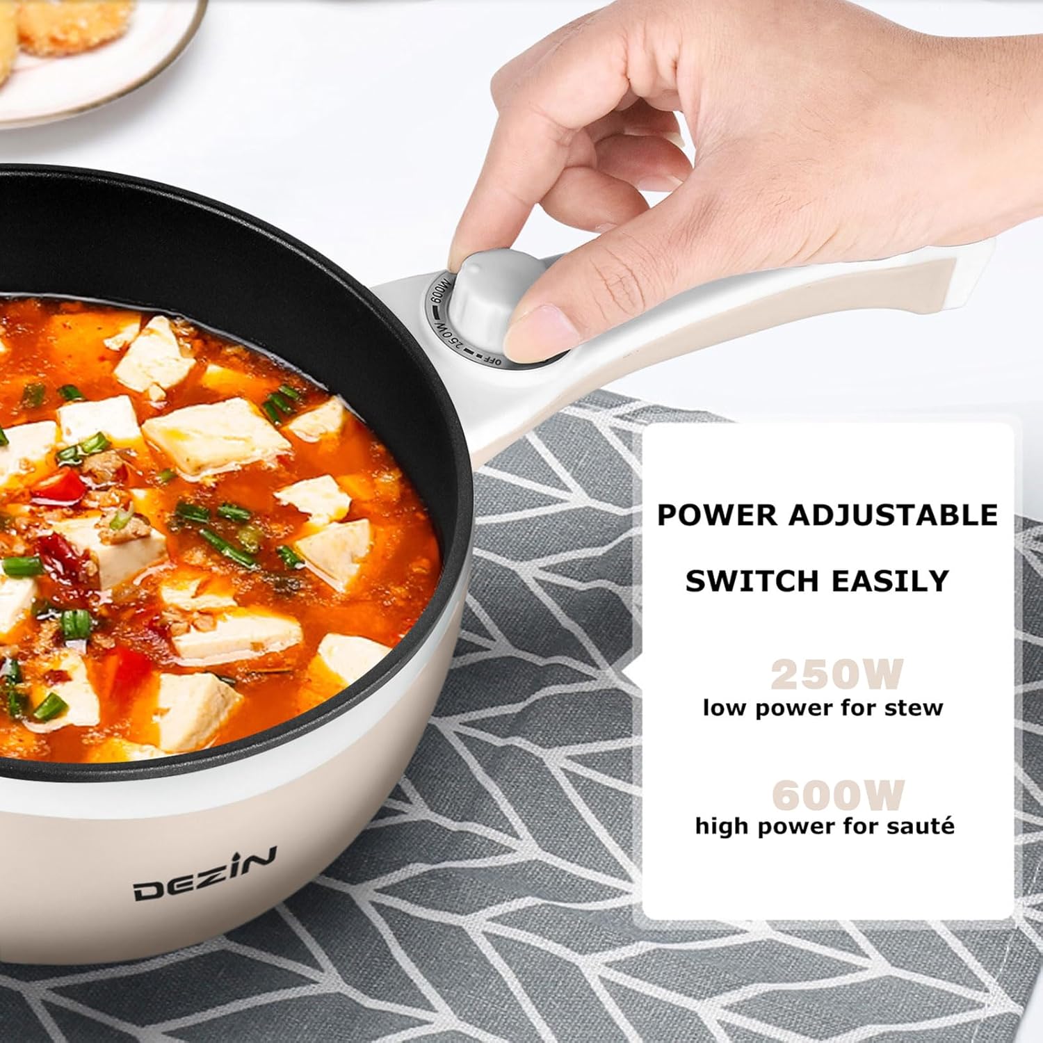 Dezin Hot Pot Electric Upgraded, Non-Stick Sauté Pan, Rapid Noodles Electric Pot, 1.5L Mini Portable Hot Pot for Steak, Egg, Fried Rice, Ramen, Oatmeal, Soup with Power Adjustment - Image 5