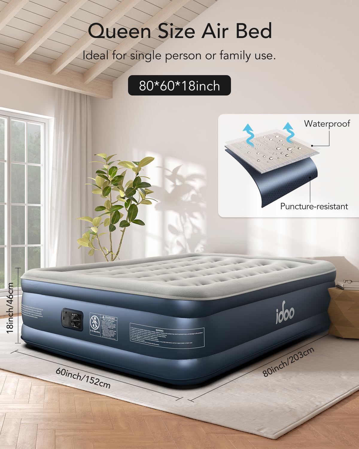 iDOO Queen Air Mattress with Built in Pump, 18 Raised Comfort Blow up Mattress, Upgraded Four Chamber Airbed, Inflatable Mattress for Guests and Home, colchon inflable, Air Bed, 650 lbs Max - Image 8
