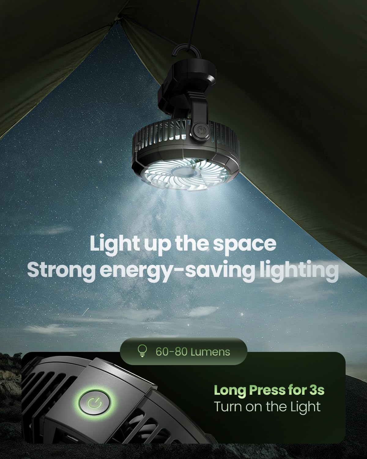 Gaiatop Portable Camping Fan with LED Lantern, Power Display 360° Head Rotation, Hanging Hook for Tent, 3 Speed Quiet Rechargeable, 4000mAh Battery Operated USB Fans for Indoor Outdoor Travel Black - Image 6