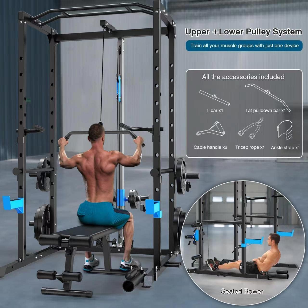 Power Cage, Multi-Functional Power Rack with J-Hooks, Dip Handles, Landmine Attachment and Optional Cable Pulley System for Home Gym - Image 3