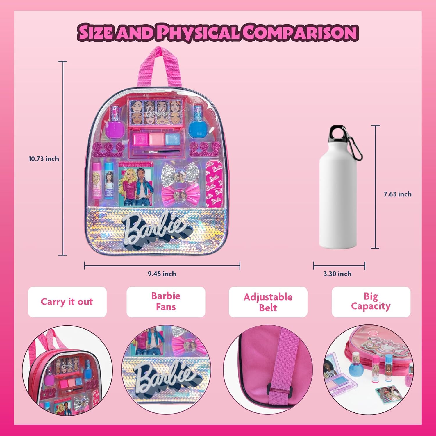 Barbie - Townley Girl 15 Pcs Makeup Filled Backpack Cosmetic Gift Set with Mirror Includes Lip Gloss, Nail Polish, Hair Bow & More! for Kids Girls, Ages 3+ Perfect for Parties, Sleepovers & Makeovers - Image 9