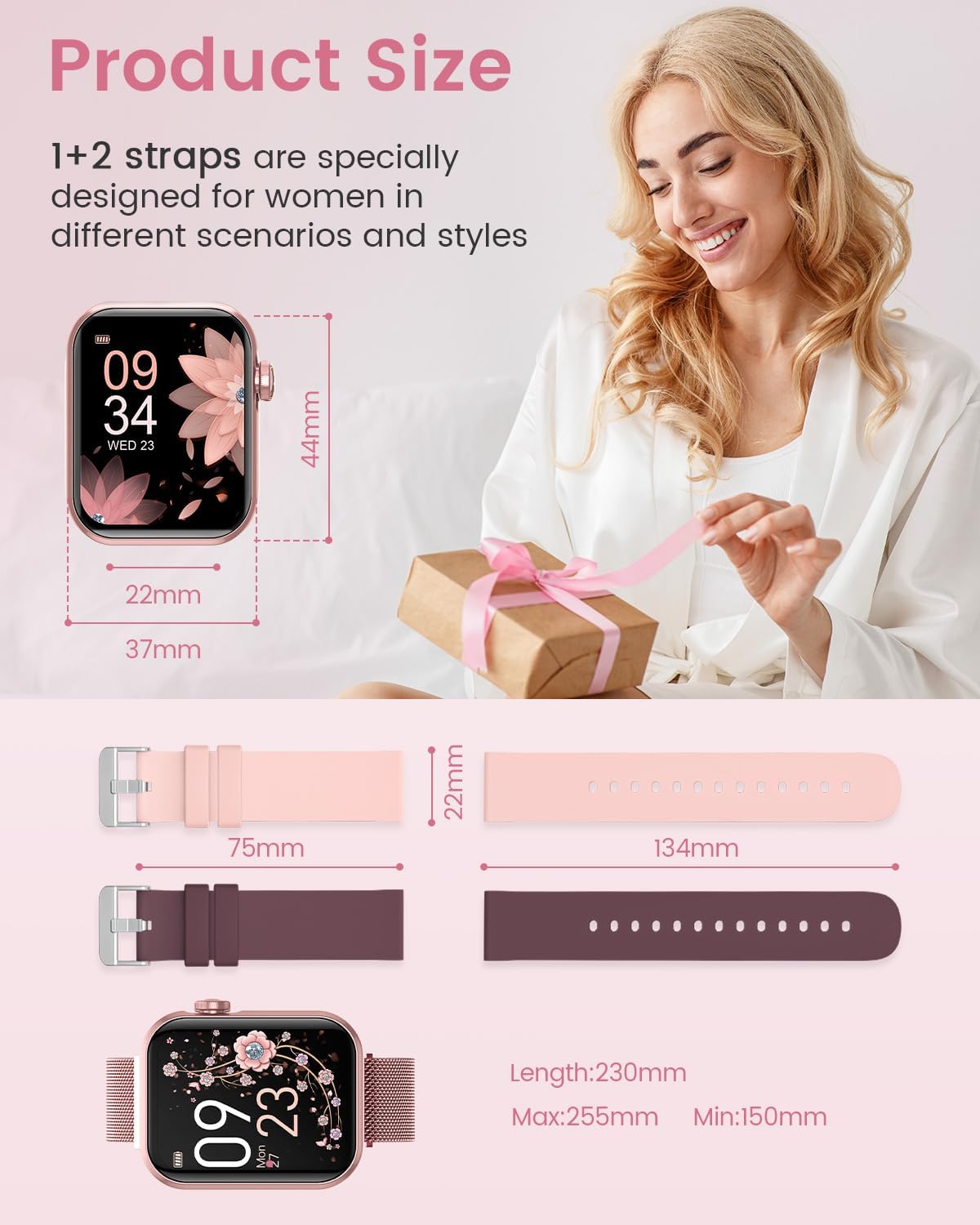 Smart Watches for Women,Fitness Tracker Smartwatch for Android Phones/iPhone Compatible,1.85" Womens Watch with Blood Pressure Monitor,Calls and Messages/Heart Rate/Sleep/Female Cycle(3 Watch Bands) - Image 8