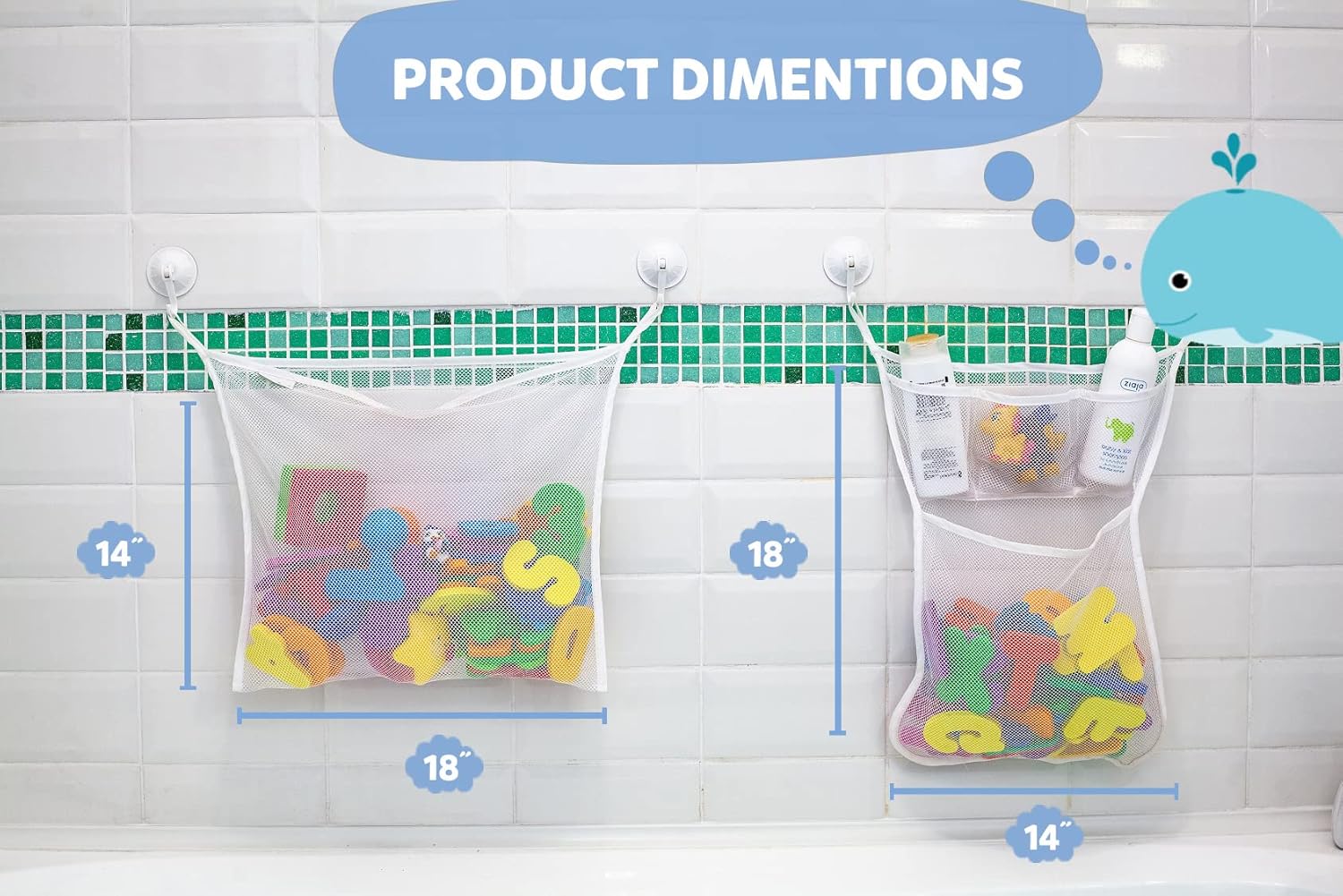 2 x Mesh Bath Toy Organizer + 8 Ultra Strong Hooks – The Perfect Bathtub Toy Holder & Bathroom or Shower Caddy – These Multi-use Net Bags Make Baby Bath Toy Storage Easy – For Kids & Toddlers - Image 3