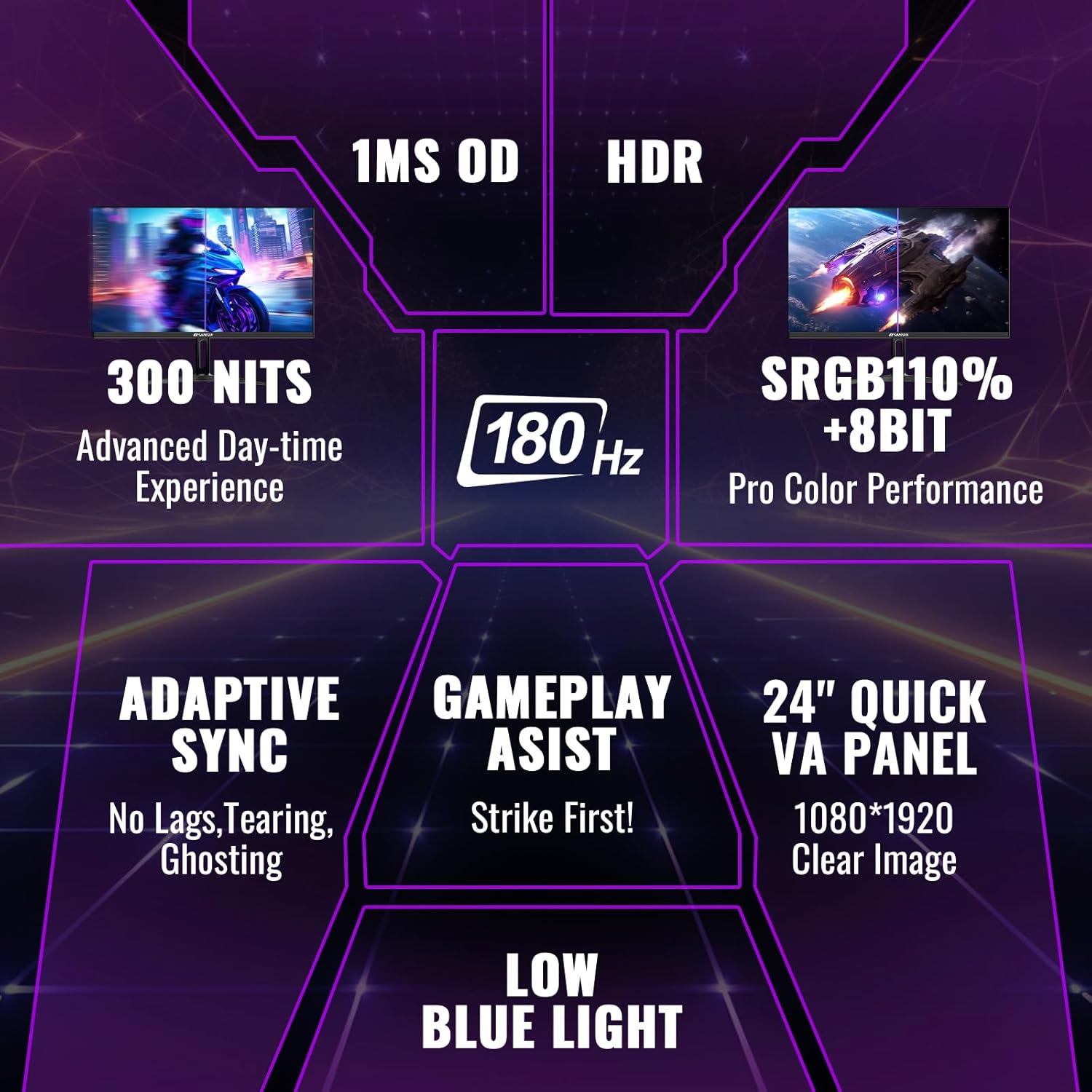 SANSUI 24 Inch Gaming Monitor 180Hz, Computer Monitor with Speakers 1*DP 2*HDMI Ports, FHD 1080P 110% sRGB VESA Support Eye Cares (One HDMI Cable Included ES-G24F4S) - Image 3