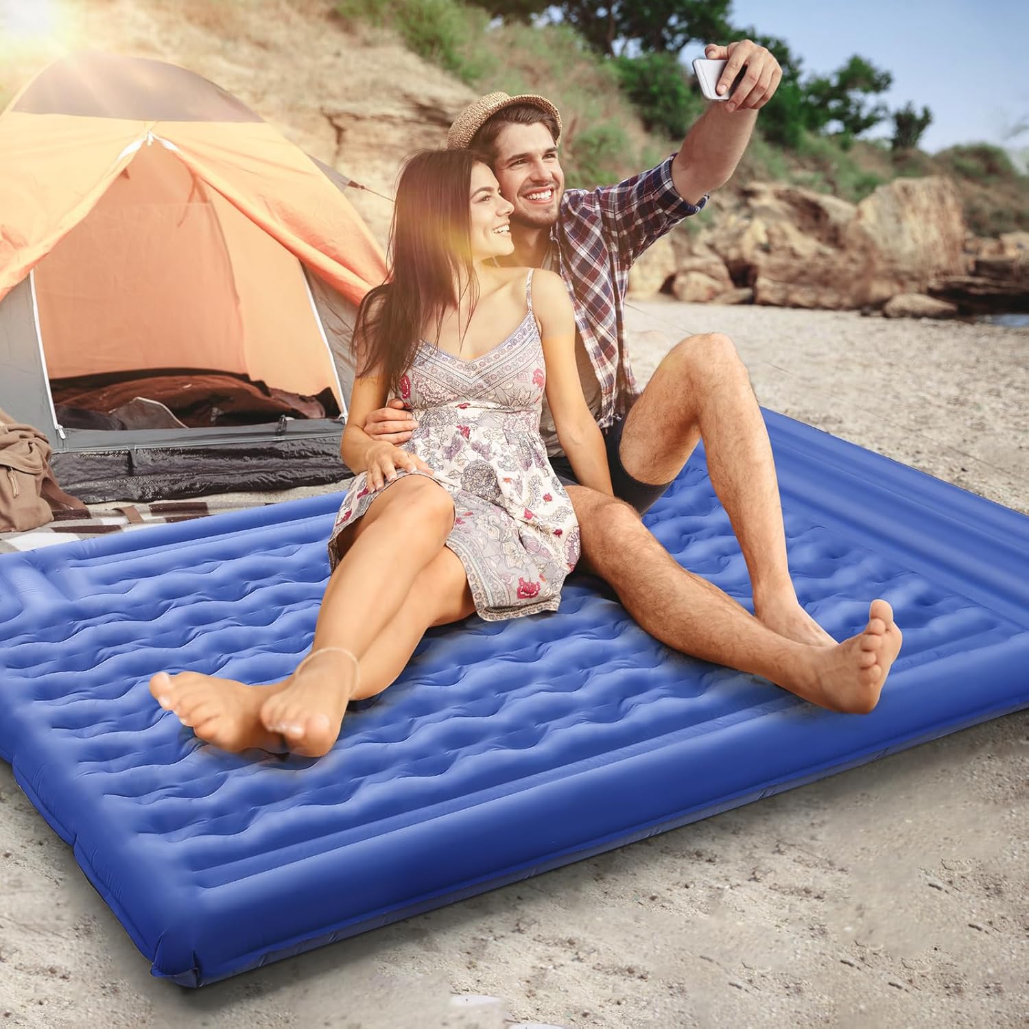 Double Sleeping Pad Camping, Self Inflating 6'' Extra-Thick 2 Person Pillow Built-in Foot Pump Waterproof Inflatable Sleeping Mat Backpacking, Tent, Hiking, Portable Camping Pad (Navy Grey) - Image 9