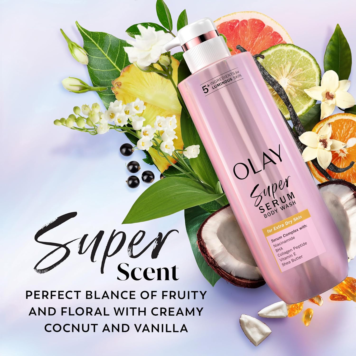 Olay Super Serum Body Wash for Extra Dry Skin, 24hr Long Lasting Hydration, 5+ Ingredient Serum Complex for Bright Even Firm Luminous Skin, 18.5 fl oz - Image 9