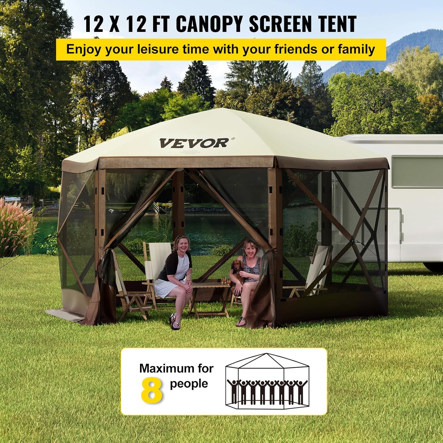 VEVOR 12 * 12ft 6 Sided Pop-up Canopy Shelter Tent with Mesh Windows, Portable Carry Bag, Stakes, Large Shade Tents for Outdoor Camping, Lawn and Backyard, Brown/Beige - Image 3