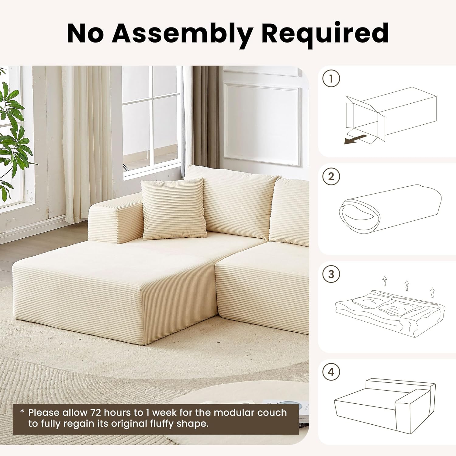 109" Minimalist Modular Sectional Sofa - L Shaped Couch with Chaise Comfy, Deep Seat, Wide Armrest, for Living Room, No Assembly Required, Warm Beige Corduroy - Image 7