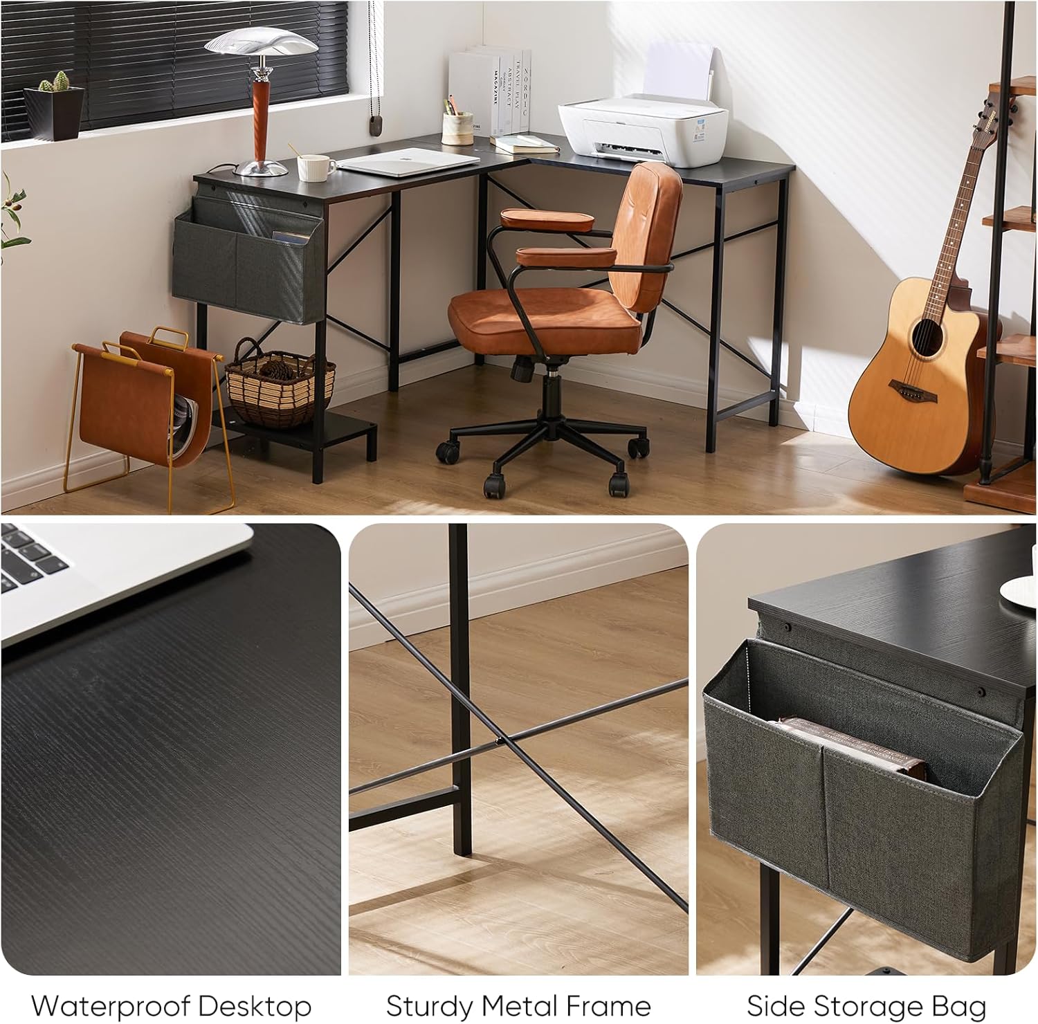 Sweetcrispy L Shaped Desk - Computer Desk Corner Desks Gaming Desk PC Table with CPU Stand Side Bag for Home Office Dorm Sturdy Writing Workstation, Black, 50-Inch - Image 8